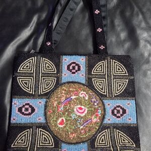 Zipper Beaded Embroidered Black and Blue Women Tote Bag